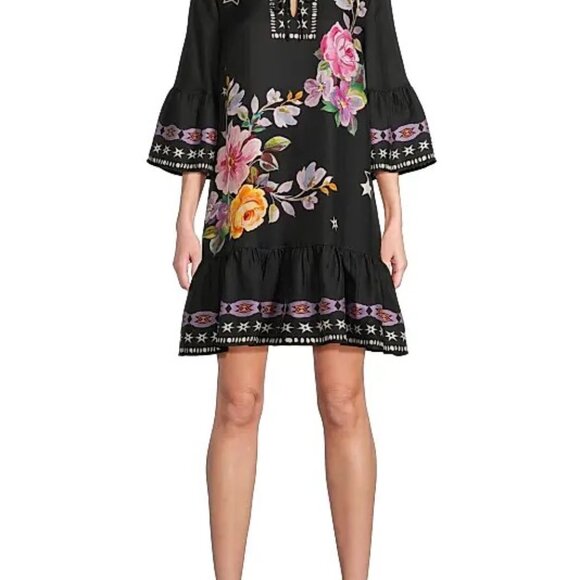 Johnny Was Black Floral Tunic with Pink and White Accents - Picture 2 of 6